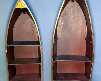 Tin Wrapped Wood Boat Wall Shelves, Qty 2, 35" x 14.5" x 7", And 37" x 12" x 7"
