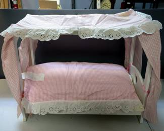 Doll Furniture Including Wood 4 Poster Canopy Bed, 18" x 11.5" x 22.5", With Bedding And 24" Bassinet Basket With Handles