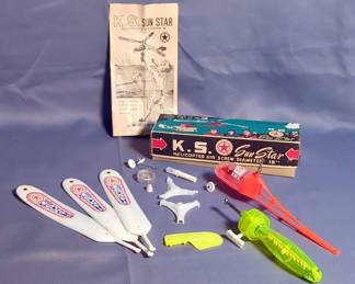 Vintage K.S. Sun Star 18" Air Screw Helicopter With Original Box And Manual, And 8" Railroad Spike Figurine