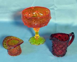 Colored Glass Serving Pieces And Collectibles Including Marigold Chalice, 5 Section Serving Tray, 11" Carnival Glass Bowl, Creamer, And More, Total Qty 15