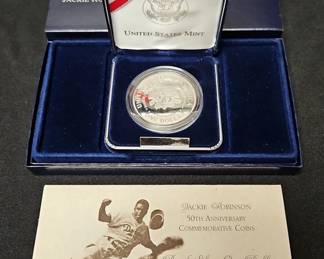 1997 Jackie Robinson Commemorative 50th Anniversary Silver $1 Proof Coin, Includes Certificate Of Authenticity And Presentation Box