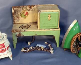 Miniature Metal Pot Belly Wood Stove, Childrens Tin Stove, And Toy Electric Iron, Powers On, Qty 3
