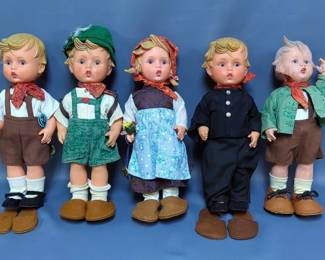 Vintage M.C. Hummel 11" Rubber Dolls Including Ganse-Liesl, Chimney Sweep, Boy With Back Pack, And More, Total Qty 6, Some Doll Parts Included