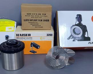 Flashpoint LED Macro Ring Light, Model VL48, Kaiser Microscope Lamp, Omega Film Developer Can With Accessories, Lloyd Daylight Film Loader And More