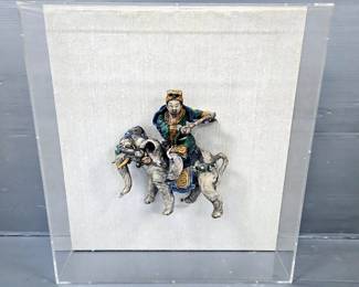 Hand Carved And Painted Stone Chinese Elephant Rider Statue In Plexiglass Display Case 22.5" x 20.5" x 5.5"