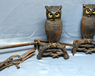 Vintage Cast Iron Owl Fireplace Andirons, Qty 2, And Vintage Small Animal Spring Trap