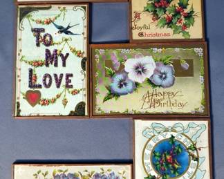 Antique Framed Postcards, Qty 6, Post Dates 1910-1915, And Vintage Brass Card Holder