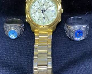 Mens Seiko Chronograph Water Resistant Wrist Watch, 1995 Missouri State Champs And 1987 Ft. Osage High School Class Rings