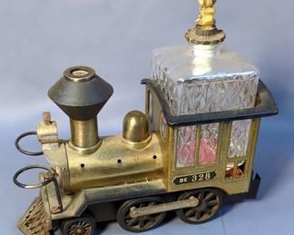 Vintage Tin Locomotive Decanter Holder And Glass Decanter With Ornate Stopper