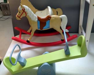 Doll Furniture Including 19.5" Wood High Chair, American Girl Bitty Baby Rocking Horse Chair, Changing Station, And Teeter Totter
