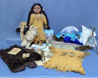 Pleasant Company Retired Native American Doll Kaya, With Teepee, Book, Furs, Dresses And More