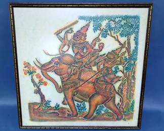 Vintage Polychrome Thai Temple Rubbing Framed Under Glass, 21" x 21.5"