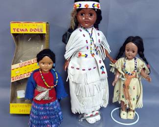 Antique African American Baby Doll, American Indian Dolls, Tewa Doll, In Original Box, And Various International Dolls, Total Qty 7