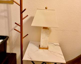 White Onyx & Brass Table Lamp, Faux Marble Folding Side Table, Teak Coat Stand