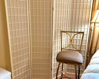 4 Panel White Shoji Screen, Gold Tone Bar Stool with Brown Upholstery