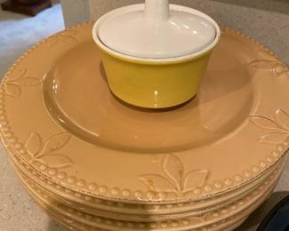  Ironstone Yellow Sugar Bowl, Set of 6 Signature Sorrento Debby Segura Gold Stoneware Dinner Plates 