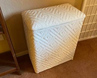 White Wicker Woven Mid Century Hamper