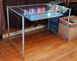 Metal Framed Desk With Glass Top And Sliding Keyboard Tray, 30" x 40.5" x 24"