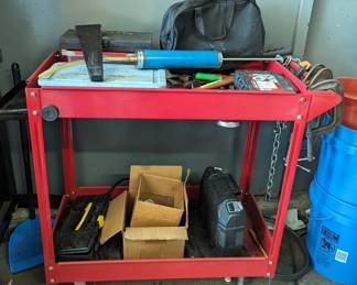 Metal 2 Tier Rolling Cart, 31.5" x 15.5" x 33", Contents Include C Clamps, Tap And Die Set, Unknown If Complete, Sockets, Various Sizes And Brands, And More