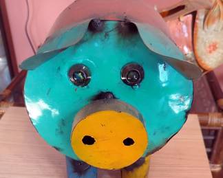 Metal Pig Yard Art, 12", 10", And Butterfly Pot Hanger