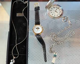 Jewelry Assortment Including Genuine Freshwater Pearl Pendant Necklace, Quartz Pocket Watch, Mens And Ladies Wrist Watches, And More