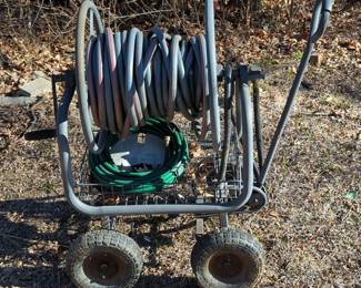 Hose Reel Cart On Wheels With Storage Basket, 37" x 37" x 21.5", With Air Tires And Garden Hose