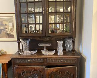 Great Antique Cupboard 12 x 12 Glass doors Over Step Back Circa 1860s     Assorted Cut Glass & China