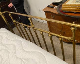 Antique Queen Size Brass Bed Cannonball Finials Recurved Foot Board