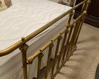 Antique Queen Size Brass Bed Cannonball Finials Recurved Foot Board