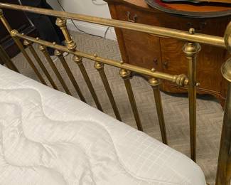 Antique Queen Size Brass Bed Cannonball Finials Recurved Foot Board
