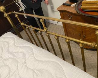 Antique Queen Size Brass Bed Cannonball Finials Recurved Foot Board
