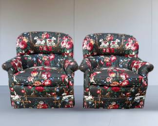 Vintage reupholstered Woodmark swivel rocker club chairs 