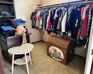 Women's clothing, heart shaped table, and trunk 