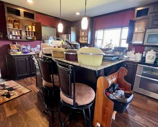 Stools, bench, and kitchen items