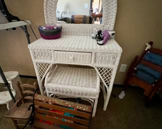 Kids' wicker vanity, small bench, and desk