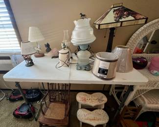Lamps, rocking chair, and stool