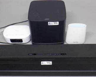 LOT OF 5 ELECTRONICS INCLUDING YAMAHA ATS-1080, SAMSUNG HW-Q69CT, I HOME ROUTERS, BOSE SUBWOOFER