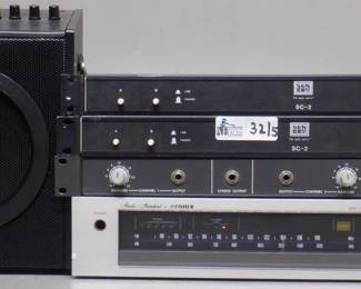 LOT OF 5 ELECTRONICS INCLUDING FISHER FM-440, SYMETRIX HA-10B, SESCOM SC-2, ROCK JAM RJ20WAR2