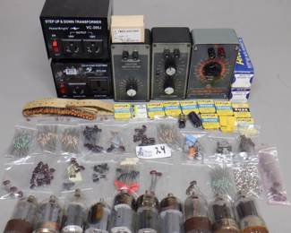 LOT ELECTRONICS INCLKUDING STEP UP & DOWN TRANSFORMERS, HEATHKIT RESISTENCE SUBSTITUTION BOX, ARCOLYTIC CAPACITORS AND MORE