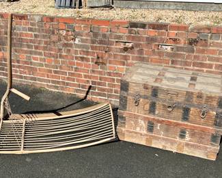 Antique Grain Scythe with Antique Late 19th Century Trunk.