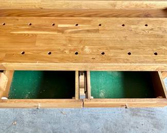 Beautiful Mid-Century Woodworking Table with handsome wood grains,  built in vises and green felt-lined drawers.