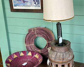 Antique wagon wheel hub lamp, Peruvian handmade basket, vintage waterfowl print.