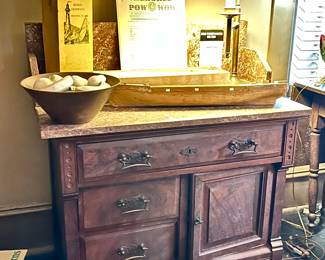 Antique marble top & mahogany sideboard dining cabinet.