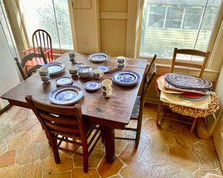 Antique farm table, blue & white China.