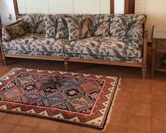 Mid-century Wood Framed Sofa, Dixie Side Tables, Persian Style Wool Rug and Decor.