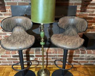 MCM Adjustable Brown Bar Stools & Avocado Brass Floor Lamp (3PCS)