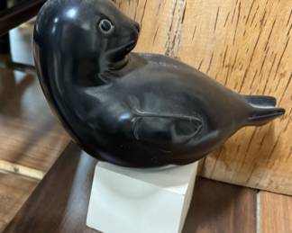Alva Museum Replicas Black Polished Stone Seal Sculpture on Wood Base