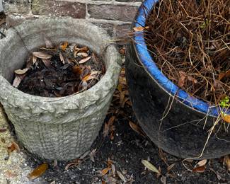 pair of blue planters, pair of concrete planters