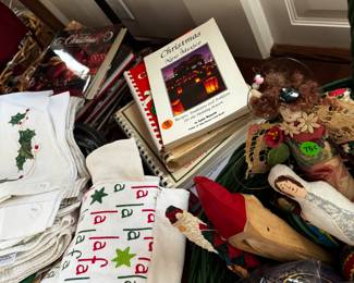 Christmas linens, cookbooks, and decoratives