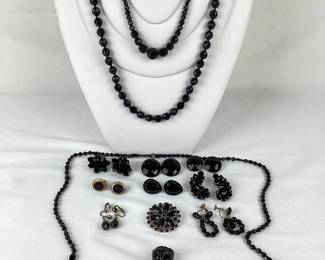 BIHY100 Vintage Antique Black Glass Jewelry Assortment of vintage black glass, faceted glass, costume jewelry. Includes 8 pairs of black glass earrings in various shapes, styles, and sizes
